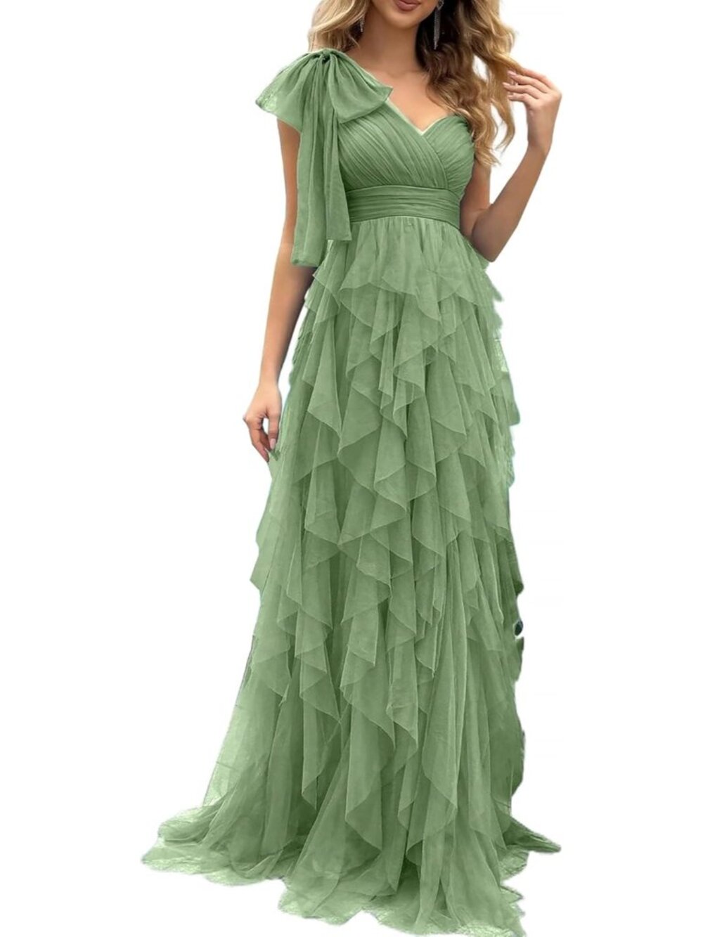 Women's Green Elegant Bow One Shoulder Slit Gown Tulle Imported Maxi Dress